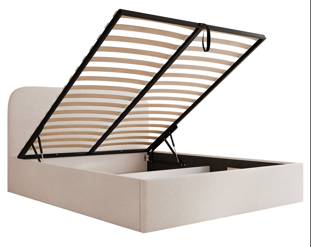 Polsterbett 140x200 cm Sonvivo mit Bettkasten, hellbeiger Chenillebezug, Metallrahmen