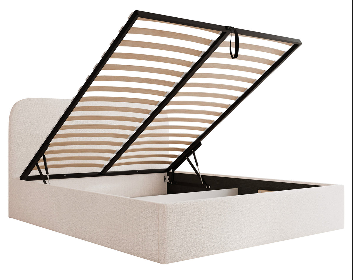Gepolstertes Bett 160x200 cm Sonvivo mit Bettkasten, cremefarben, Chenille, Metallrahmen