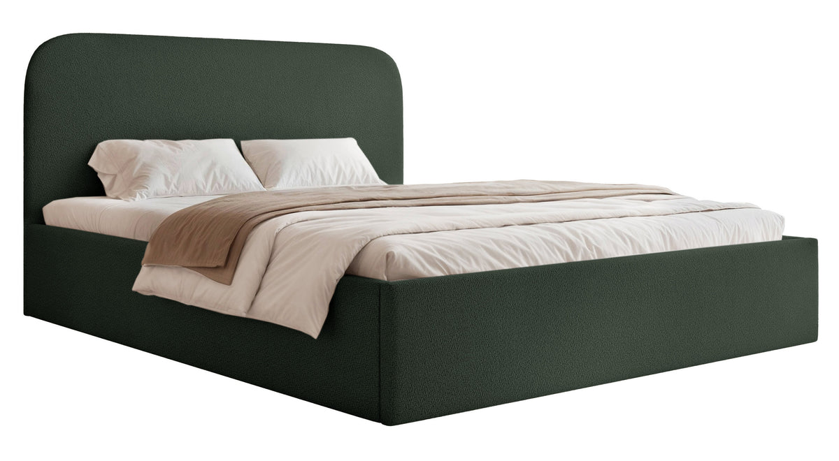 Lit tapissé 140x200 cm Sonvivo avec coffre de rangement pour linge de lit, velours chenille vert foncé, cadre métallique
