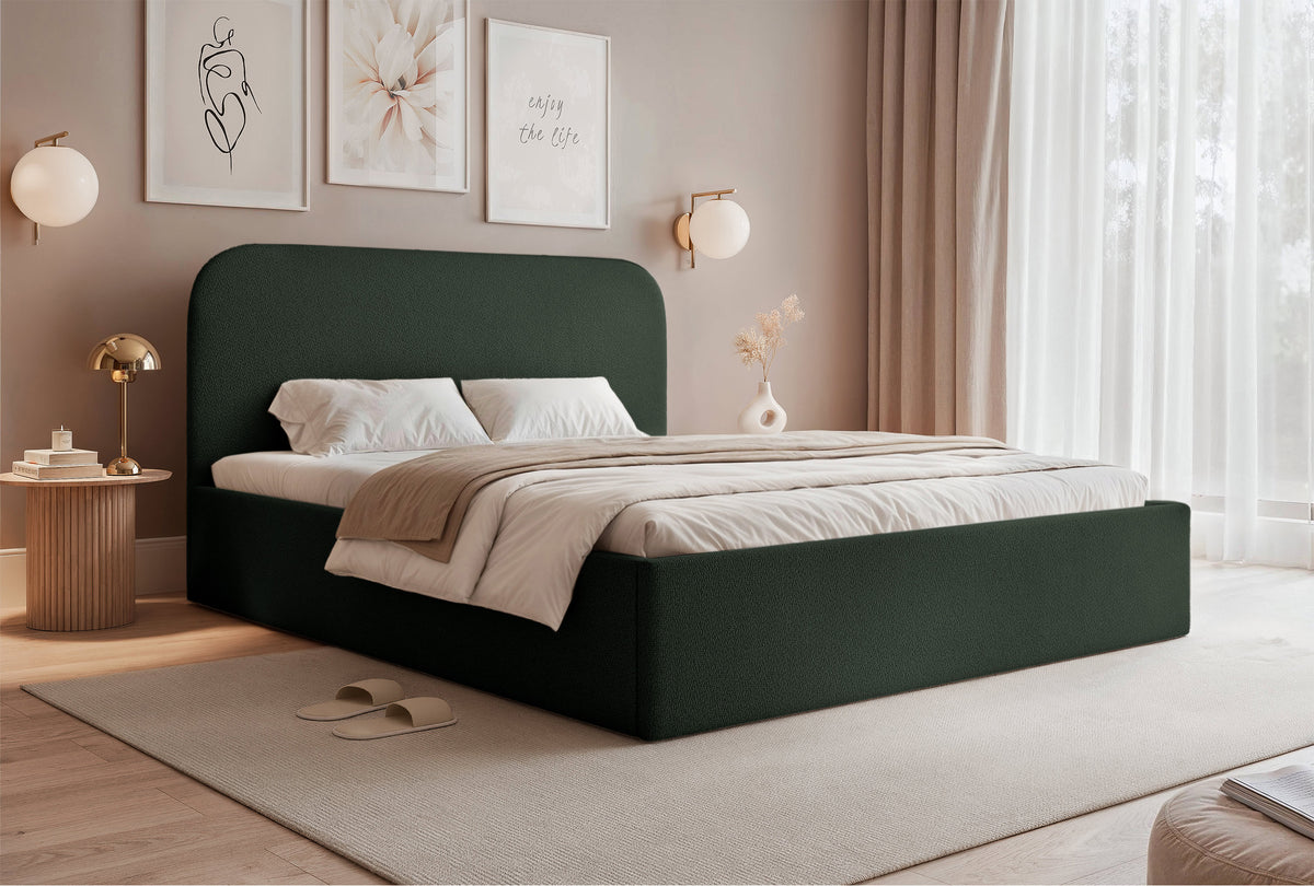 Lit tapissé 140x200 cm Sonvivo avec coffre de rangement pour linge de lit, velours chenille vert foncé, cadre métallique