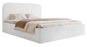 Lit tapissé 160x200 cm Sonvivo avec coffre de rangement pour linge de lit, blanc boucle, cadre métallique