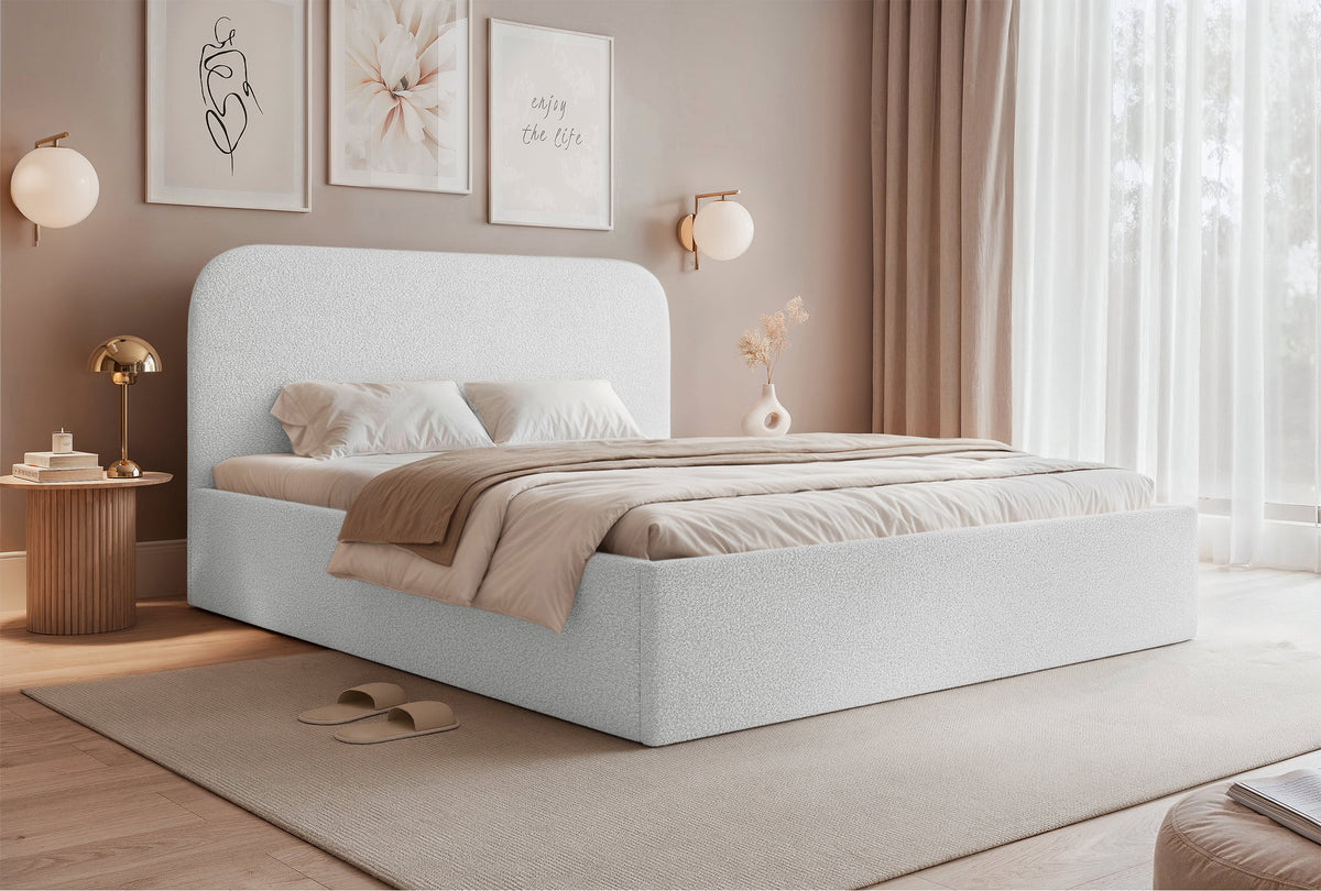 Lit tapissé 160x200 cm Sonvivo avec coffre de rangement pour linge de lit, blanc boucle, cadre métallique