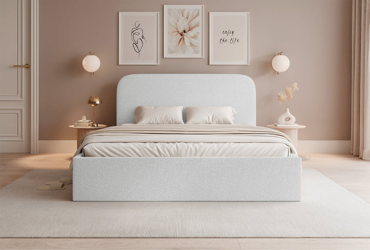 Gepolstertes Bett 140x200 cm Sonvivo mit Bettkasten, weißes Bouclé, Metallrahmen
