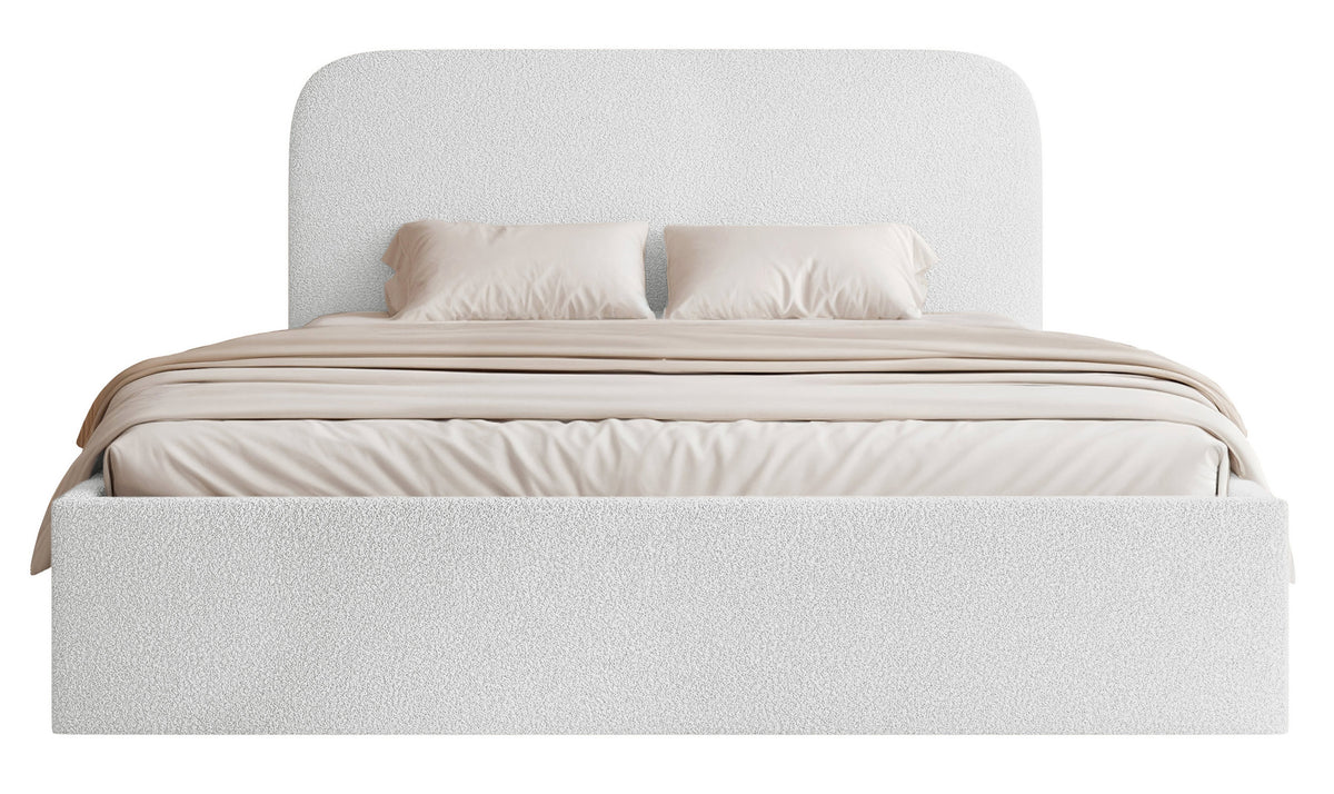 Gepolstertes Bett 140x200 cm Sonvivo mit Bettkasten, weißes Bouclé, Metallrahmen