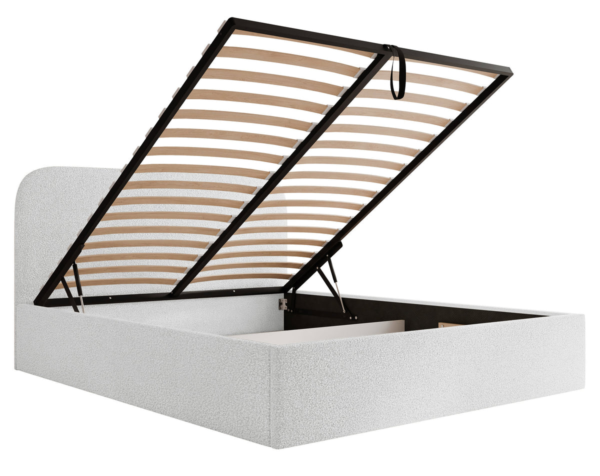 Lit tapissé 180x200 cm Sonvivo avec rangement pour la literie, bouclé blanc, cadre métallique
