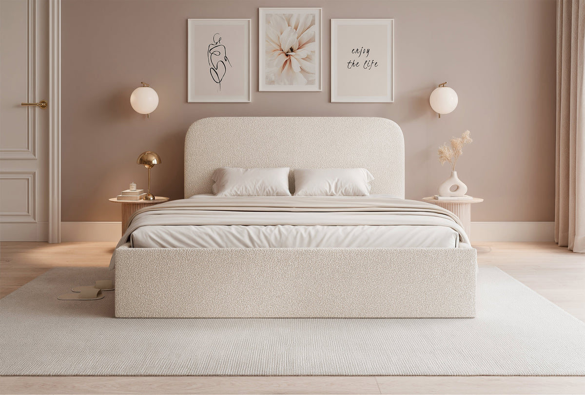 Lit tapissé 180x200 cm Sonvivo avec coffre de rangement pour linge de lit, boucle crème, cadre métallique