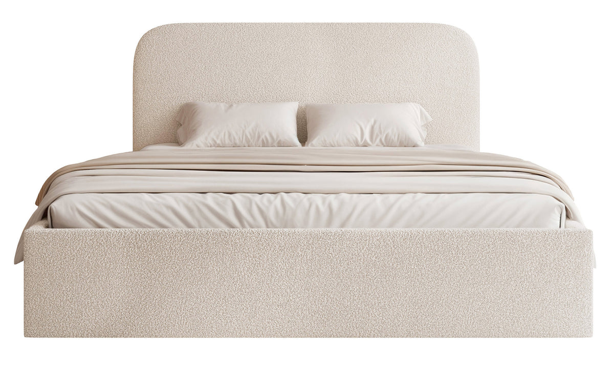 Lit tapissé 180x200 cm Sonvivo avec coffre de rangement pour linge de lit, boucle crème, cadre métallique