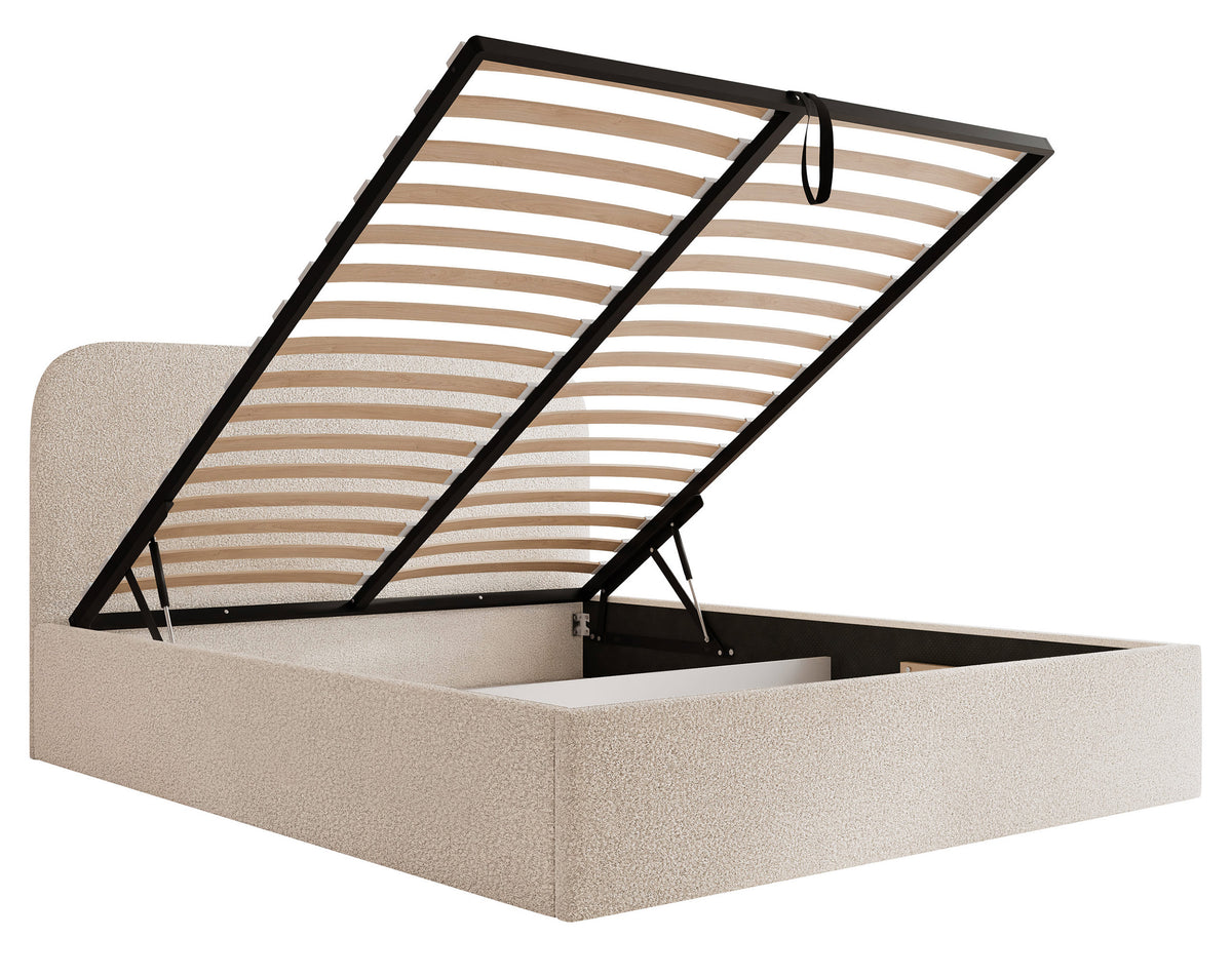 Lit tapissé 180x200 cm Sonvivo avec coffre de rangement pour linge de lit, boucle crème, cadre métallique
