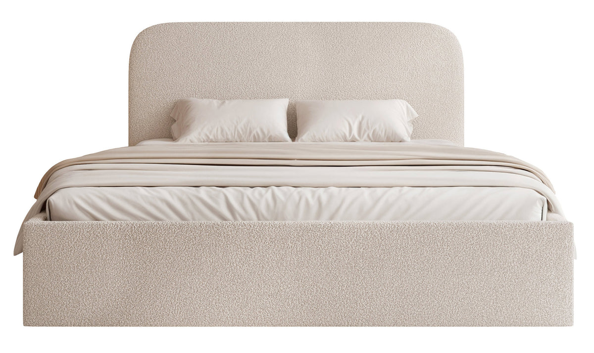 Lit tapissé 180x200 cm Sonvivo avec rangement pour linge de lit, bouclé gris beige, cadre métallique