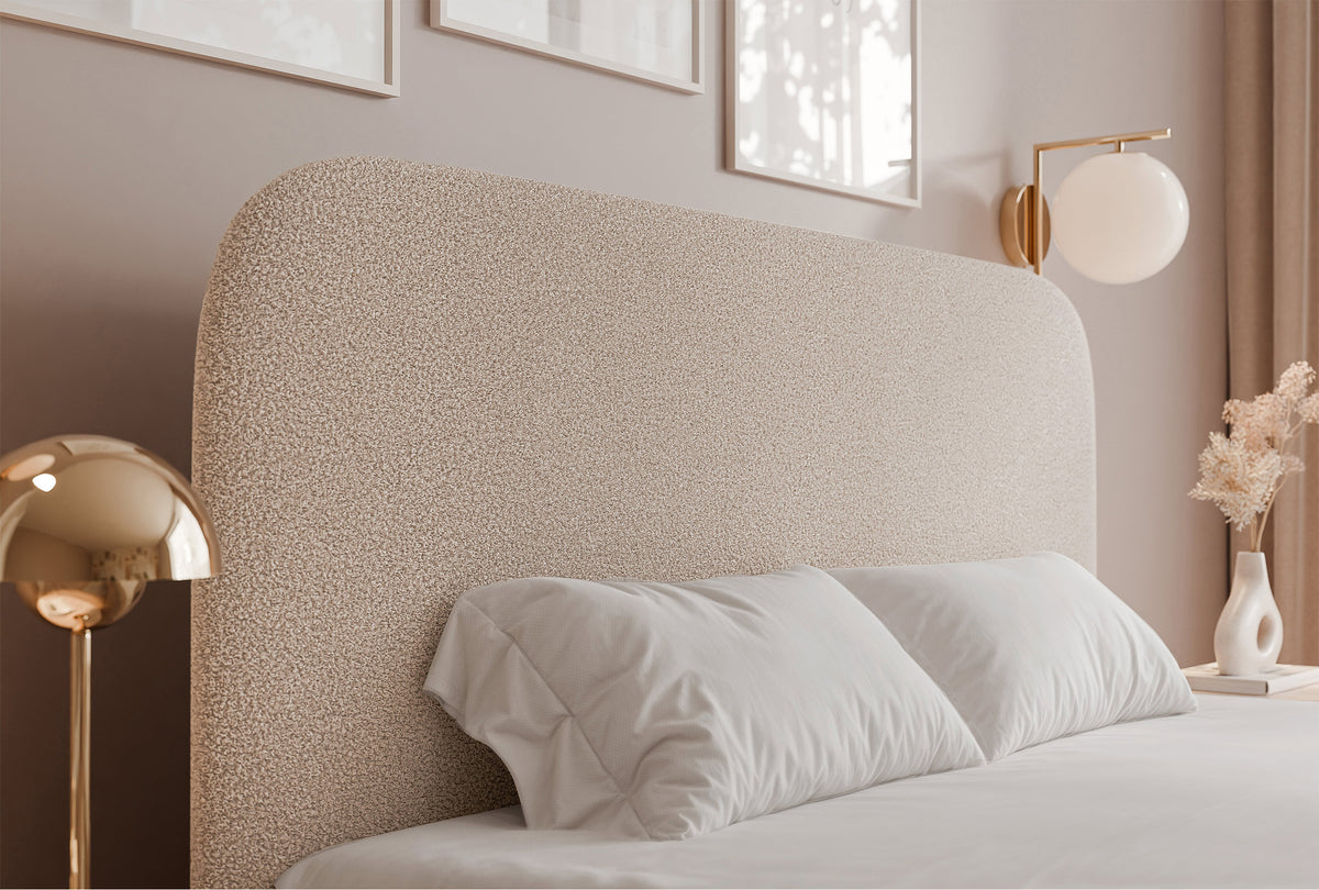 Gepolstertes Bett 160x200 cm Sonvivo mit Bettkasten, grau-beige Bouclé, Metallrahmen