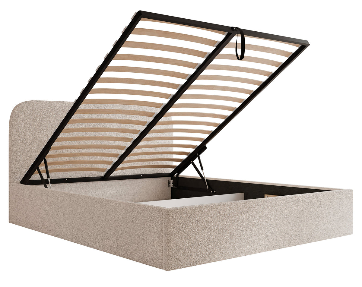 Gepolstertes Bett 160x200 cm Sonvivo mit Bettkasten, grau-beige Bouclé, Metallrahmen