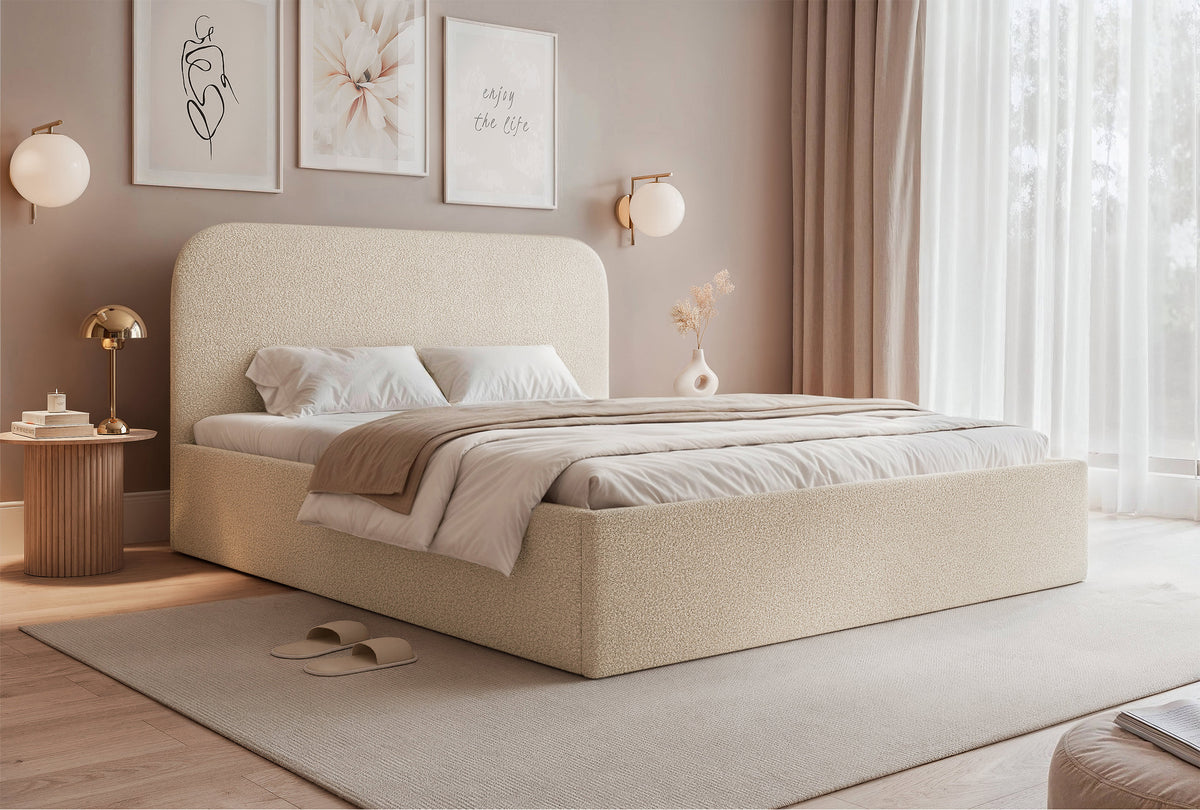 Lit tapissé 140x200 cm Sonvivo avec coffre de rangement pour la literie, bouclé beige clair, cadre métallique