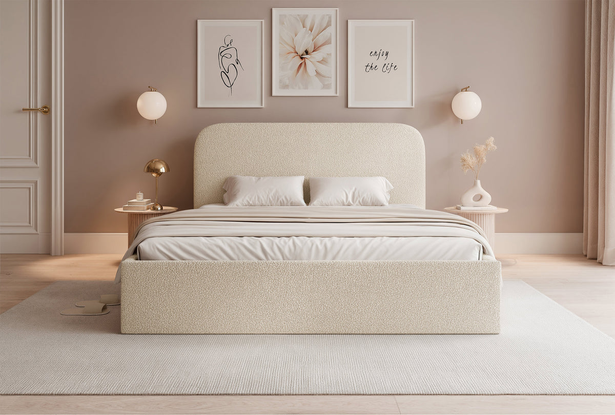 Lit tapissé 180x200 cm Sonvivo avec coffre de rangement pour linge de lit, bouclé beige clair, cadre métallique