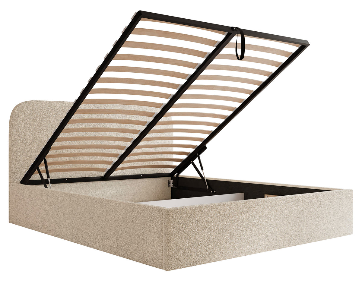 Lit tapissé 180x200 cm Sonvivo avec coffre de rangement pour linge de lit, bouclé beige clair, cadre métallique