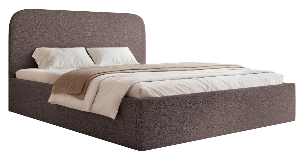 Polsterbett 160x200 cm Sonvivo mit Bettkasten, braunes Bouclé, Metallrahmen