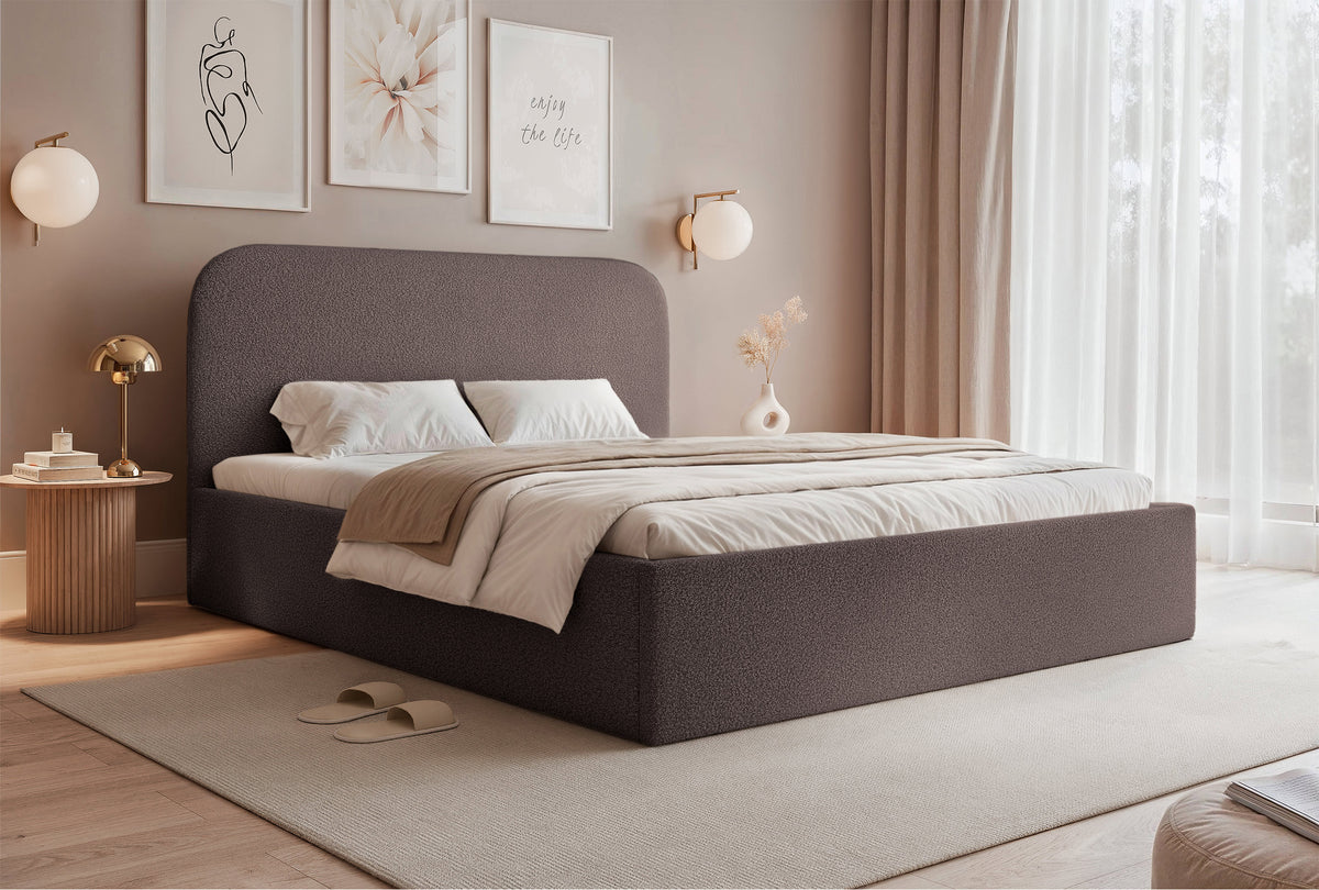 Lit tapissé 180x200 cm Sonvivo avec rangement pour la literie, boucle marron, cadre métallique