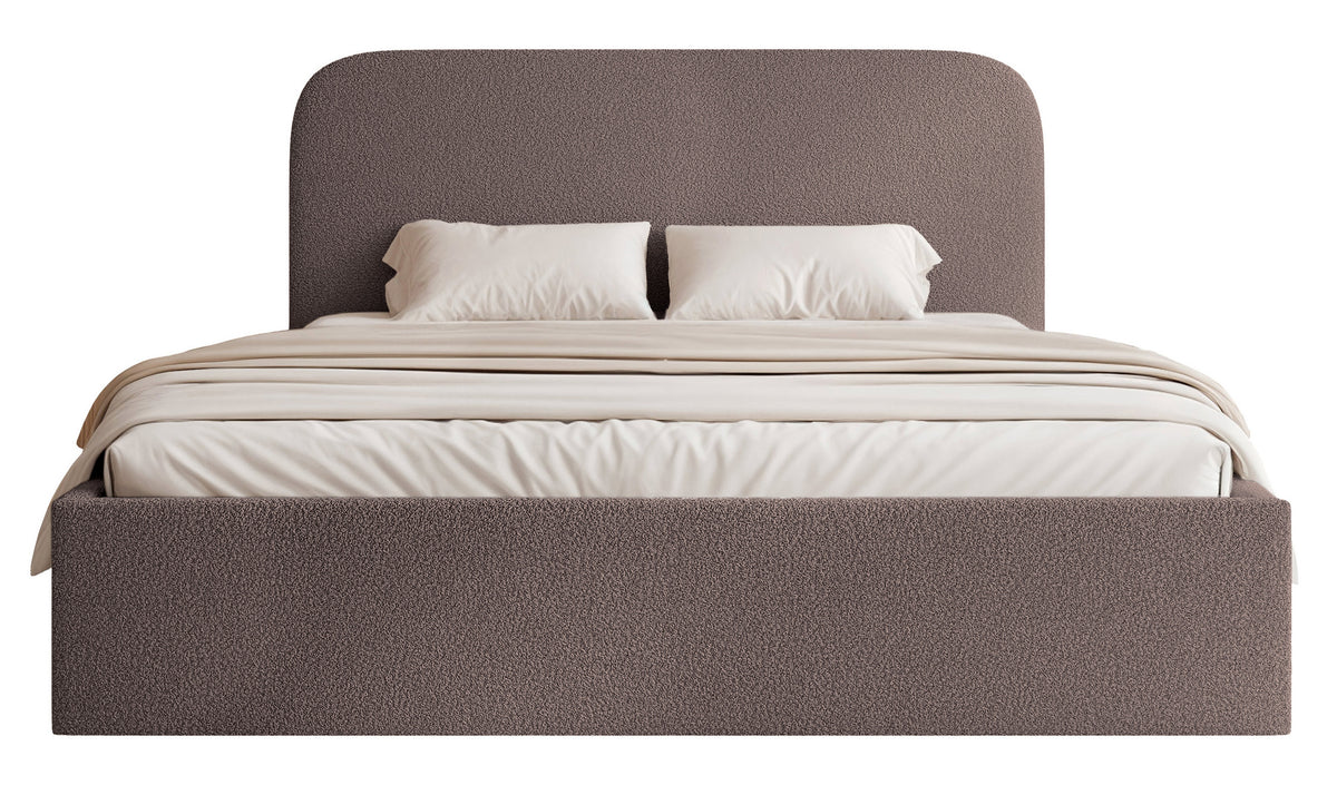 Lit tapissé 180x200 cm Sonvivo avec rangement pour la literie, boucle marron, cadre métallique