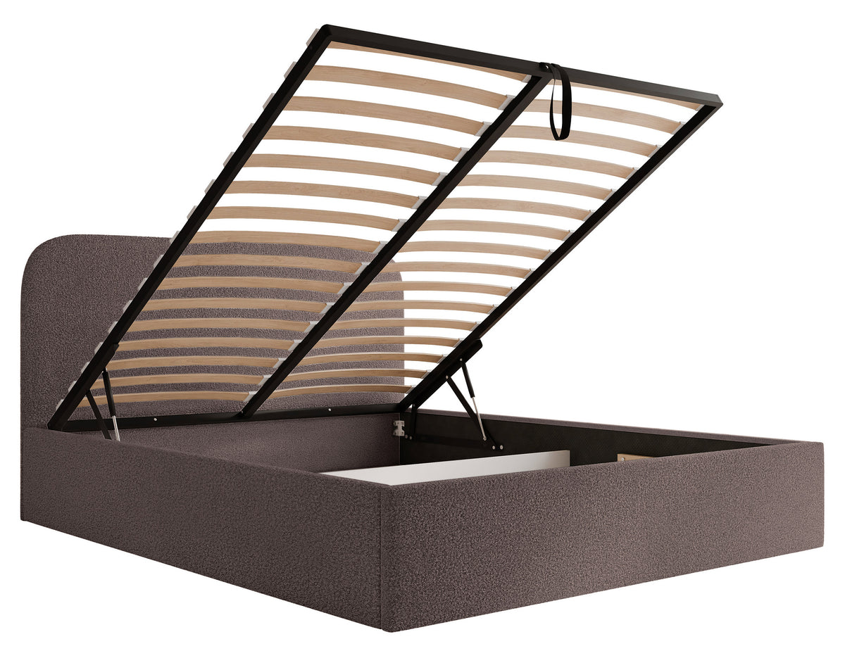 Lit tapissé 140x200 cm Sonvivo avec coffre de rangement pour la literie, bouclé marron, cadre métallique