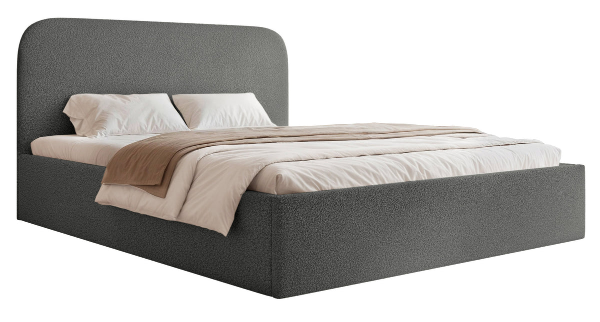 Polsterbett 180x200 cm Sonvivo mit Bettkasten, dunkelgrauer Bouclé-Stoff, Metallrahmen