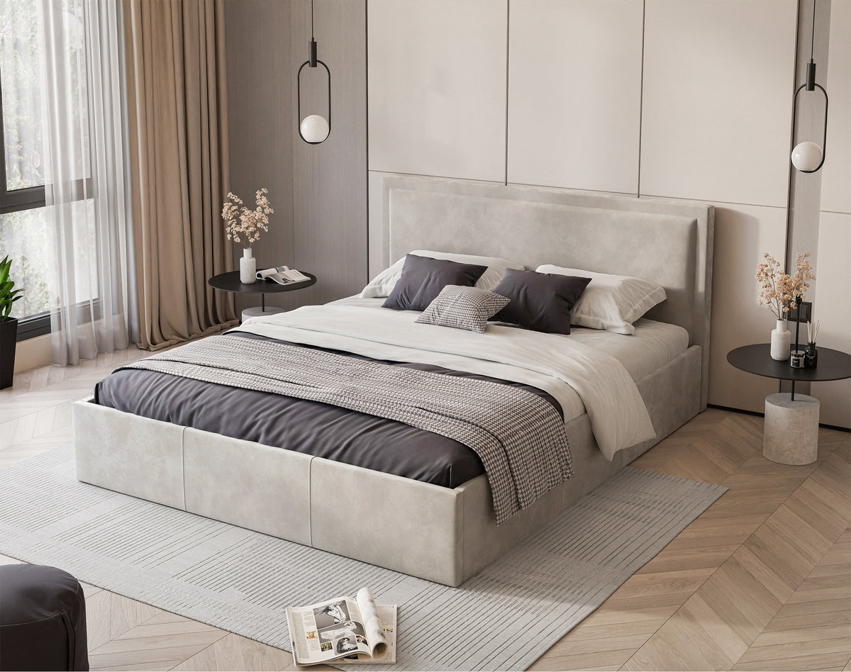Polsterbett 180x200 cm Soave mit Stauraum und Metallrahmen, hellbeiger Samt