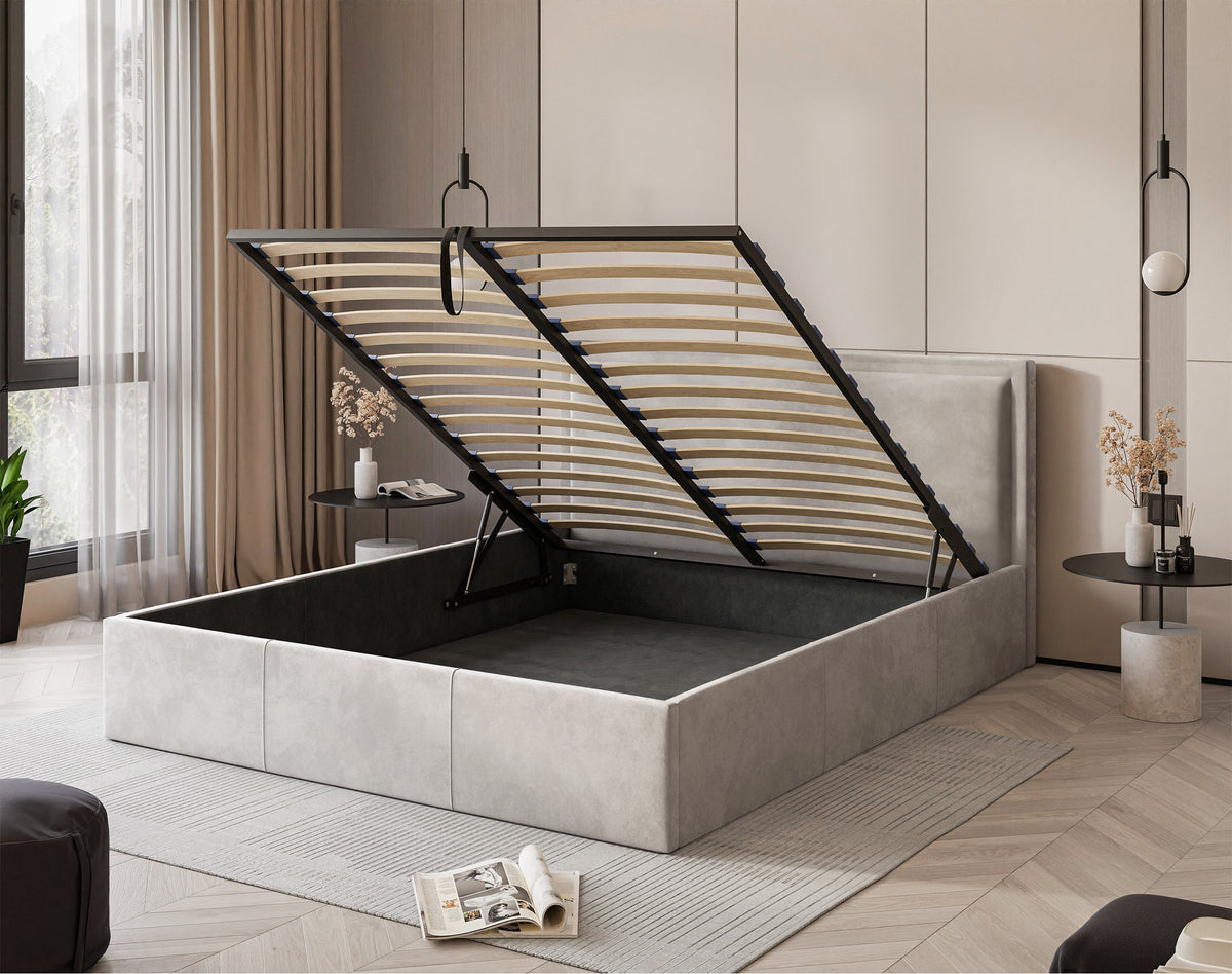 Polsterbett 180x200 cm Soave mit Stauraum und Metallrahmen, hellbeiger Samt