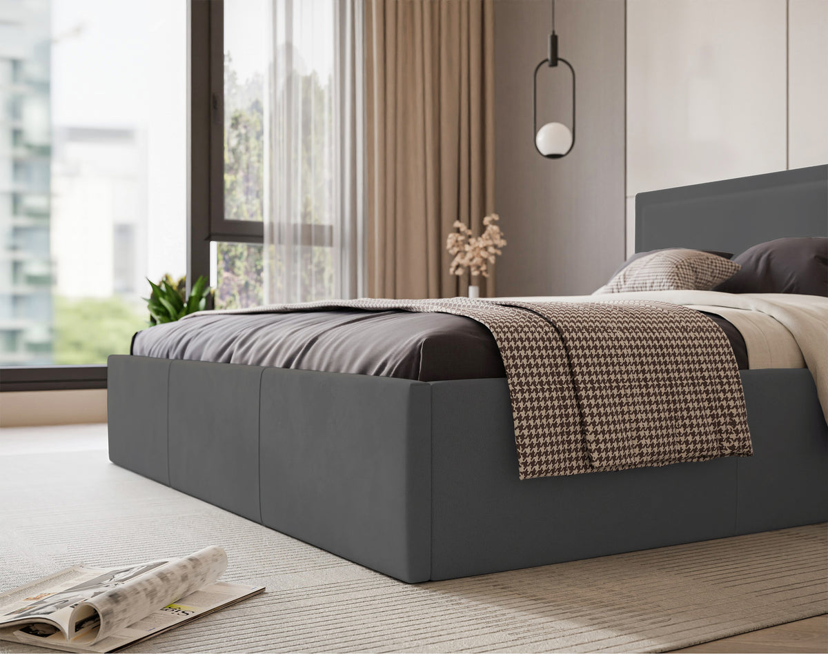 Lit tapissé 160x200 cm Soave avec rangement et cadre métallique en velours acier