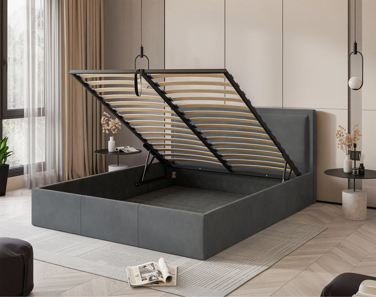 Lit tapissé 160x200 cm Soave avec rangement et cadre métallique en velours acier