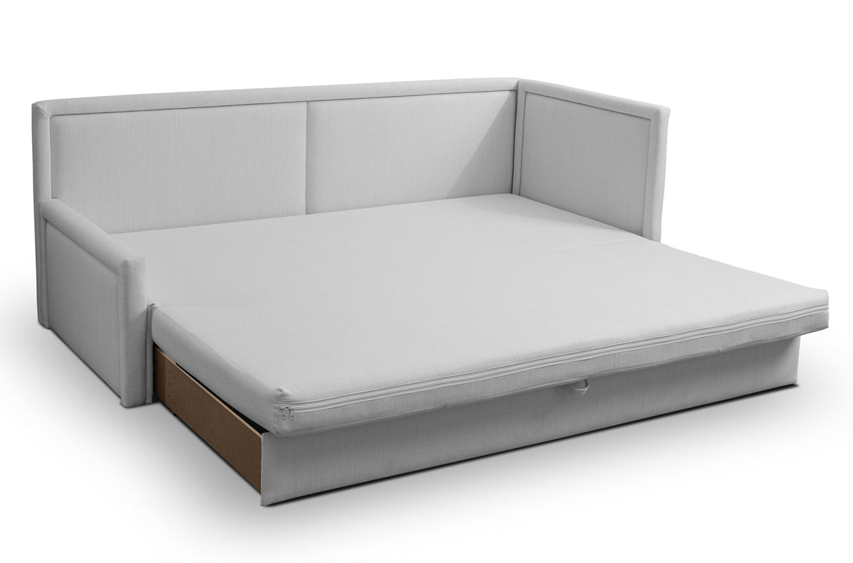 Jugendbett Caprili mit Stauraum, hellgrau, Flechtmuster, universell einsetzbar