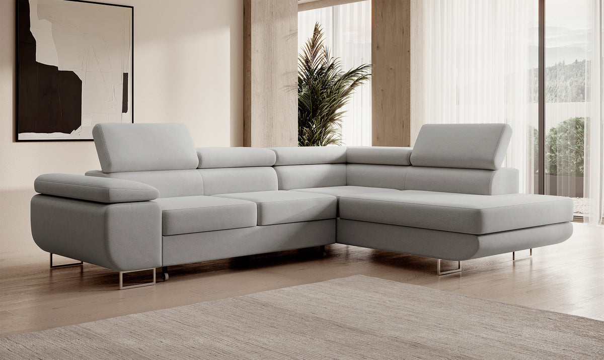 Canapé d'angle convertible Stevil en velours gris facile à nettoyer avec rangement, modèle droit
