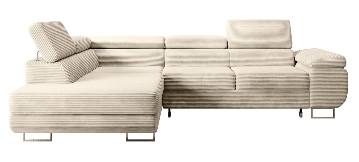 Canapé d'angle Stevil L avec fonction couchage et coffre de rangement, velours côtelé beige clair, orientation gauche