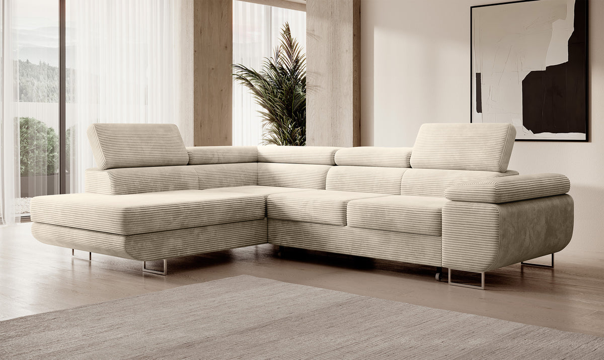 Canapé d'angle Stevil L avec fonction couchage et coffre de rangement, velours côtelé beige clair, orientation gauche