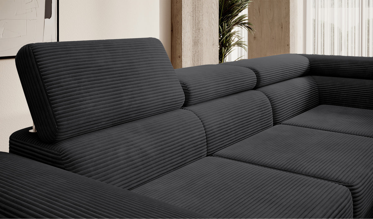 Canapé d'angle convertible Stevil en velours côtelé noir avec coffre, version droite, forme en L