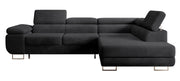 Canapé d'angle convertible Stevil en velours côtelé noir avec coffre, version droite, forme en L
