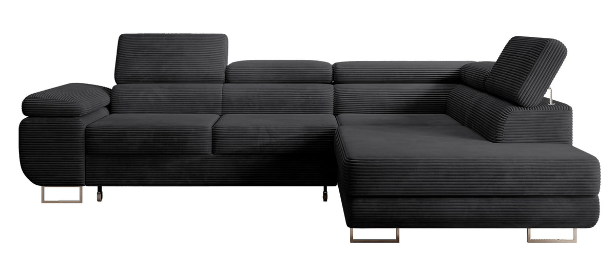 Canapé d'angle convertible Stevil en velours côtelé noir avec coffre, version droite, forme en L