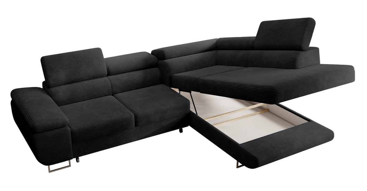 Canapé d'angle convertible Stevil en velours côtelé noir avec coffre, version droite, forme en L