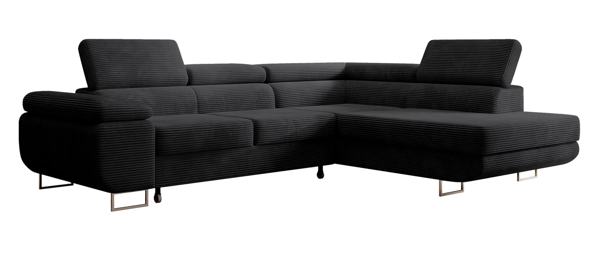 Canapé d'angle convertible Stevil en velours côtelé noir avec coffre, version droite, forme en L