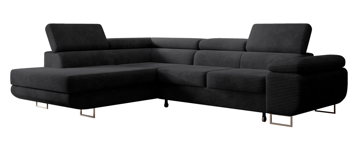 Ecksofa mit Schlafunktion Stevil, L-förmig, mit Stauraum, schwarzer Cord, linksseitig