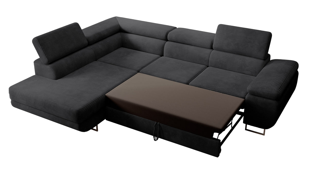 Ecksofa mit Schlafunktion Stevil, L-förmig, mit Stauraum, schwarzer Cord, linksseitig