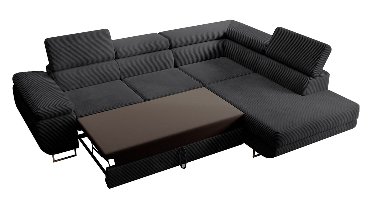 Canapé d'angle convertible Stevil en velours côtelé noir avec coffre, version droite, forme en L