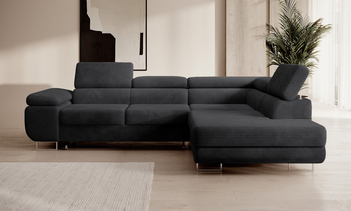 Canapé d'angle convertible Stevil en velours côtelé noir avec coffre, version droite, forme en L