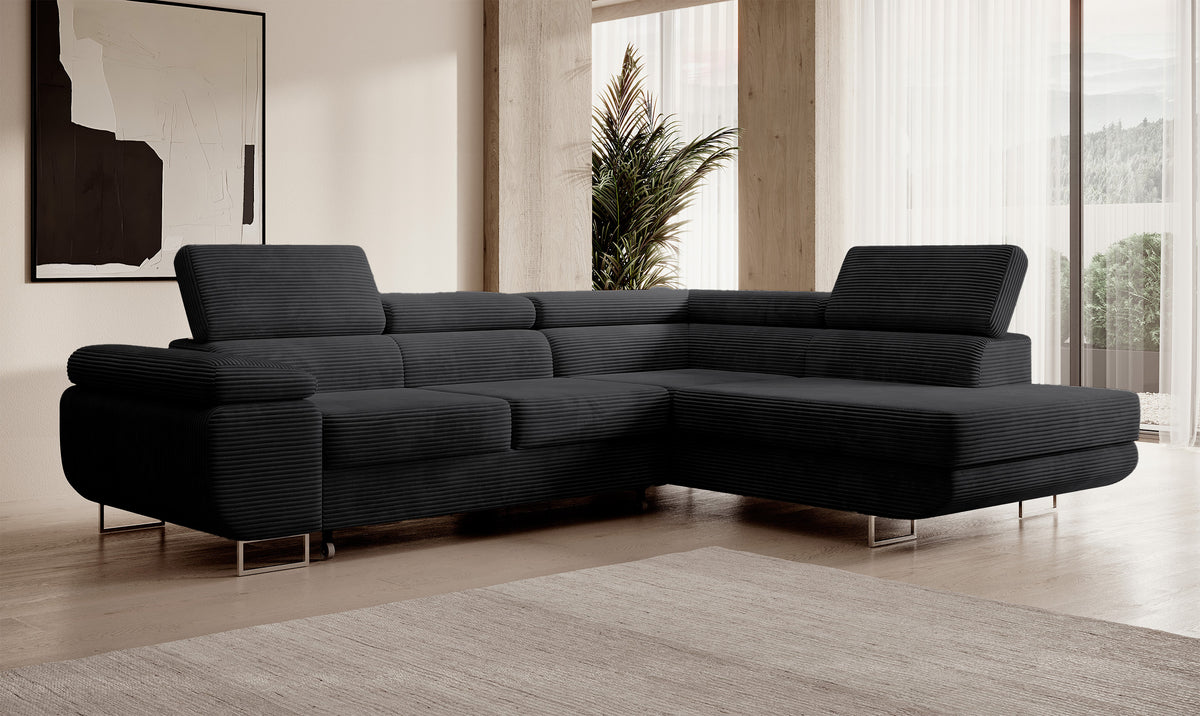 Canapé d'angle convertible Stevil en velours côtelé noir avec coffre, version droite, forme en L