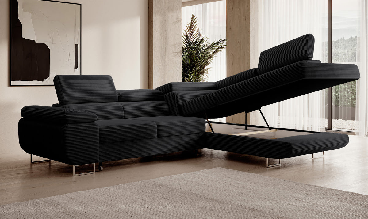 Canapé d'angle convertible Stevil en velours côtelé noir avec coffre, version droite, forme en L