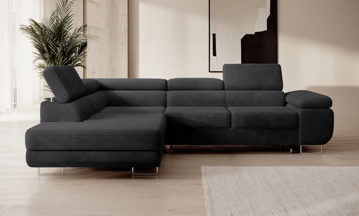 Ecksofa mit Schlafunktion Stevil, L-förmig, mit Stauraum, schwarzer Cord, linksseitig