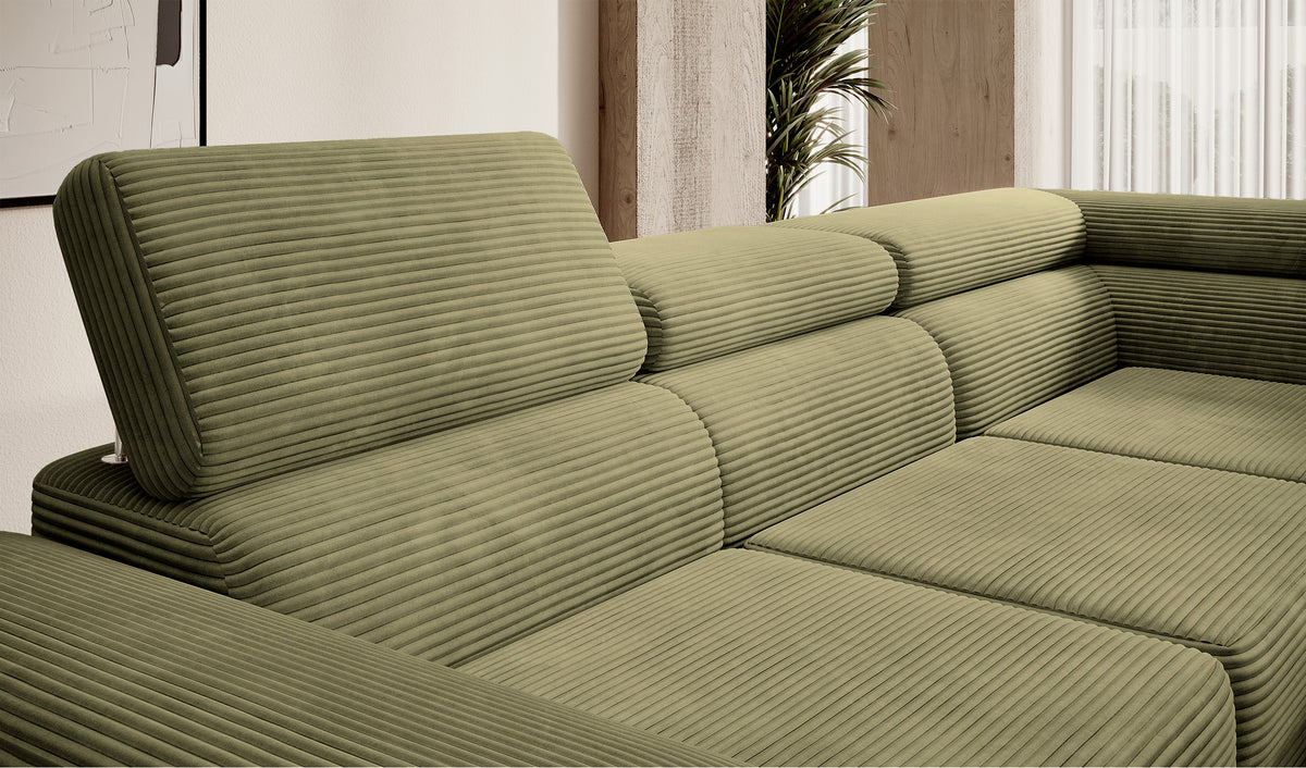 Canapé d'angle avec fonction couchage Stevil en velours côtelé olive, modèle droit avec coffre de rangement