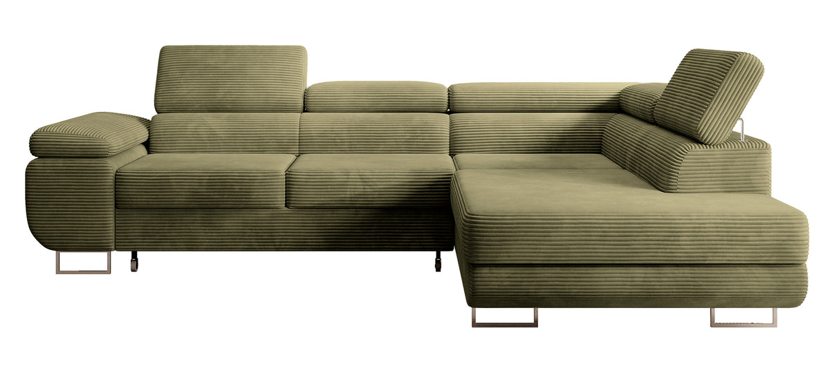 Canapé d'angle avec fonction couchage Stevil en velours côtelé olive, modèle droit avec coffre de rangement