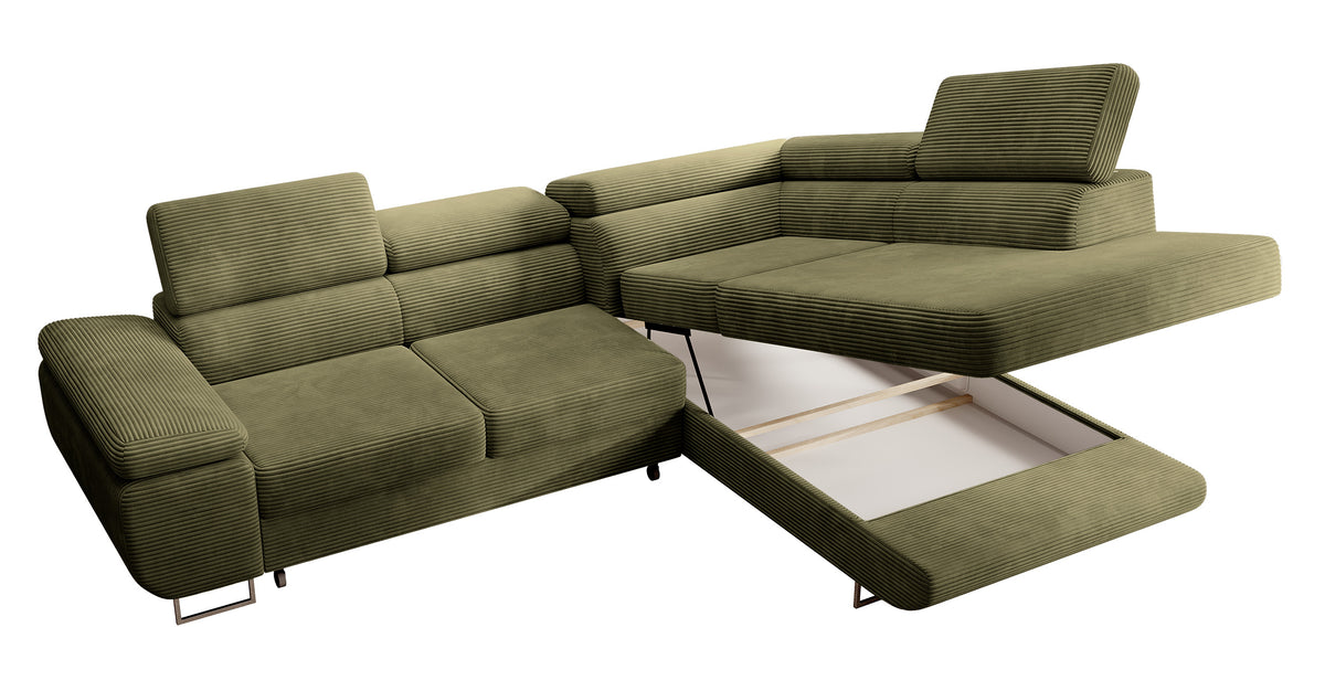 Canapé d'angle avec fonction couchage Stevil en velours côtelé olive, modèle droit avec coffre de rangement