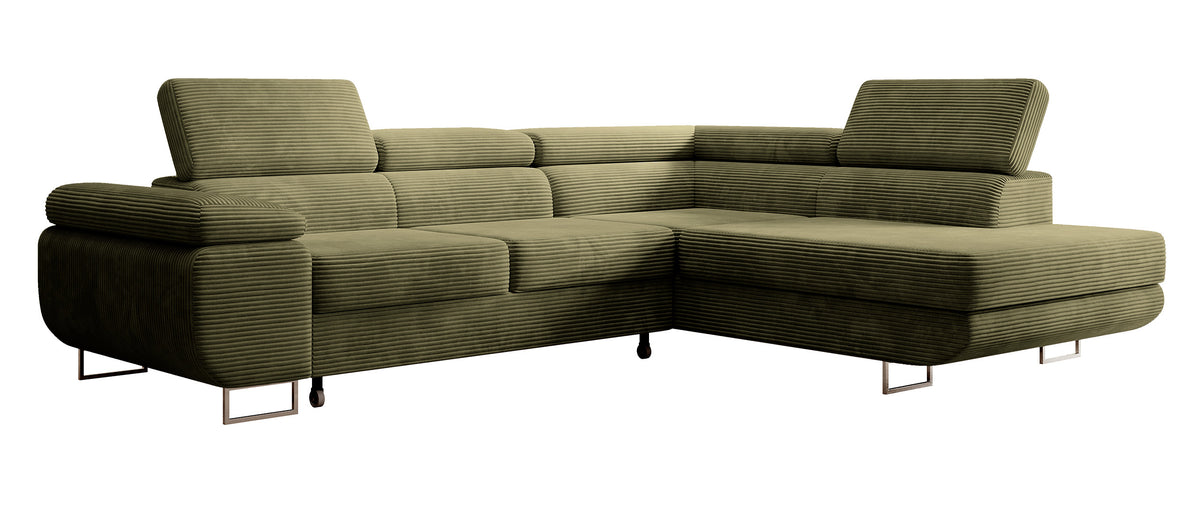 Canapé d'angle avec fonction couchage Stevil en velours côtelé olive, modèle droit avec coffre de rangement