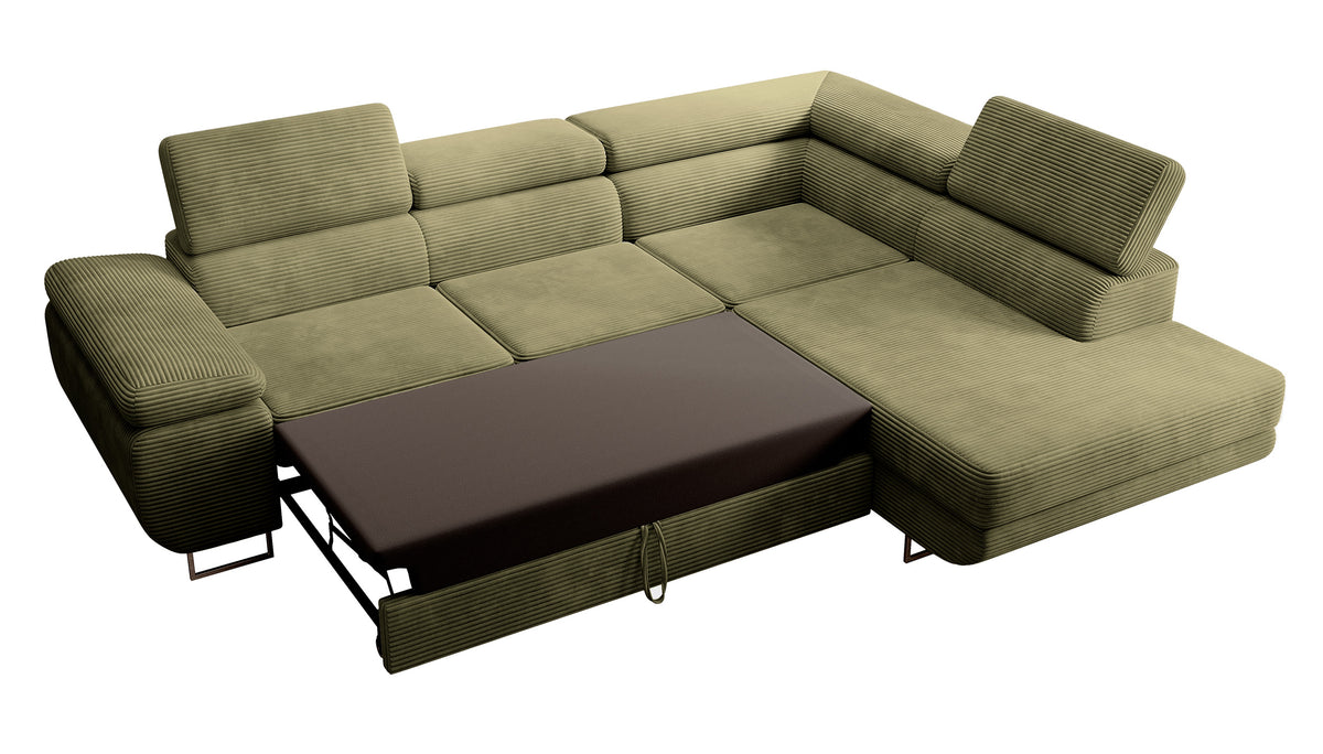 Canapé d'angle avec fonction couchage Stevil en velours côtelé olive, modèle droit avec coffre de rangement