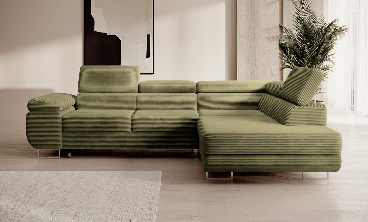 Canapé d'angle avec fonction couchage Stevil en velours côtelé olive, modèle droit avec coffre de rangement
