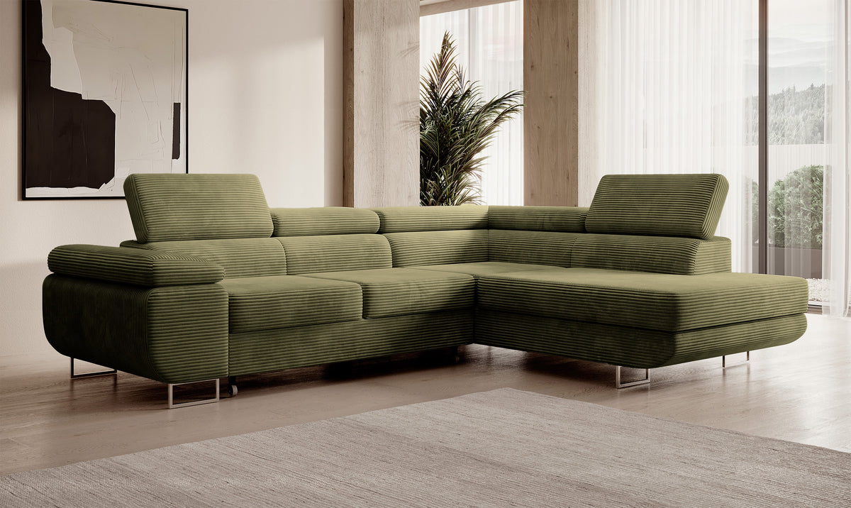 Canapé d'angle avec fonction couchage Stevil en velours côtelé olive, modèle droit avec coffre de rangement